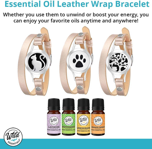 Set, 12 Wild Essentials Arbol Tree Essential Oil Leather Wrap Bracelet Diffuser Kit, Gift Lavender, Lemongrass