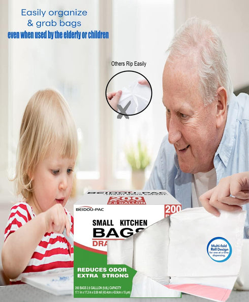 Trash Bags, 2.6 Gallon, 200 Count, Drawstring, Odorless, Extra Thick, White Plastic for Home Office Bathroom Kitchen