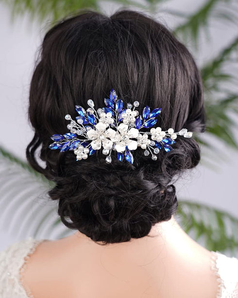Kercisbeauty Flower Hair Comb for Women and Girls, Wedding Bridal Crystal Hair Piece in Blue