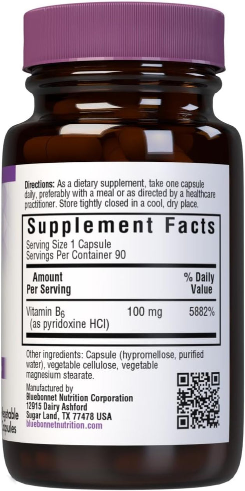 BlueBonnet Nutrition Vitamin B6 Vegetable Capsules, 100 mg - 90 Count - Supports Cardiovascular & Nervous System Health