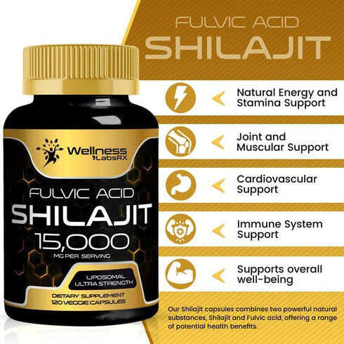 Shilajit Pure Himalayan Organic Capsules, 120 Count - 15,000mg Dietary Supplement for Men & Women