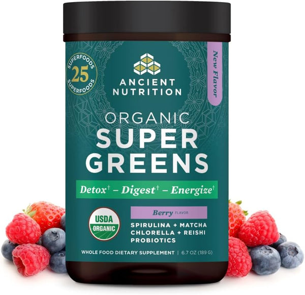 Ancient Nutrition SuperGreens Powder - Organic Berry Flavor Greens with Probiotics, 25 Servings, 6.7oz