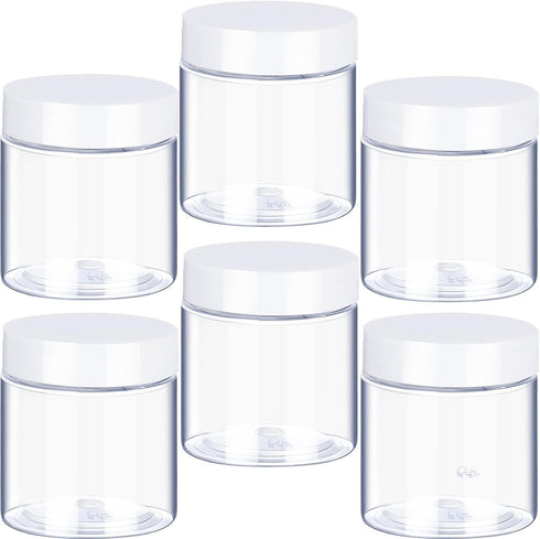 6 Pack 8 oz Plastic Pot Jars, Round Clear Leak Proof Cosmetic Container Jars with White Lids for Travel Storage, Jewelry