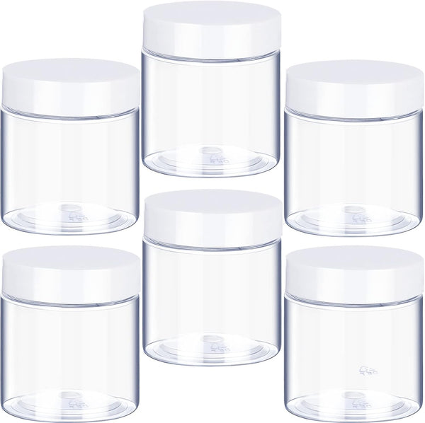 6 Pack 8 oz Plastic Pot Jars, Round Clear Leak Proof Cosmetic Container Jars with White Lids for Travel Storage, Jewelry