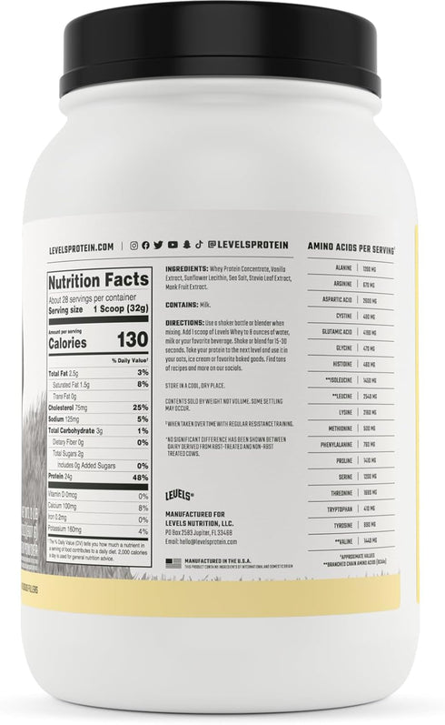 Levels Grass Fed Whey Protein Powder - 24G of Protein, No Artificials, Vanilla Bean, 2LB