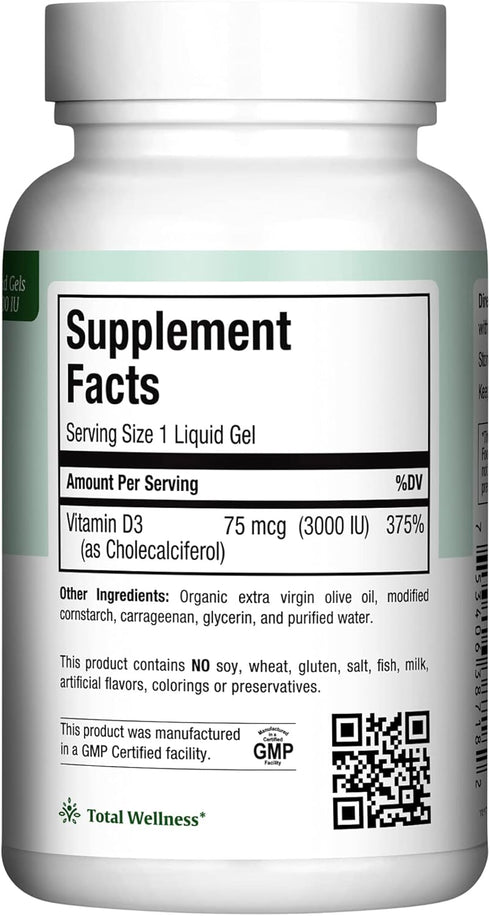 Maxi Health Vitamin D3 3000 IU 75 mcg Supplement for Healthy Bones, Teeth, Immune Support - 180 Gels Non-GMO