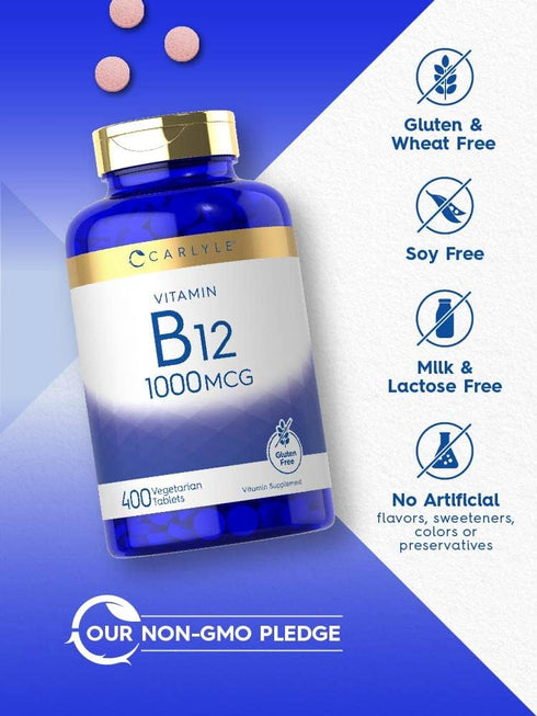 Carlyle Vitamin B12 1000mcg | Vegetarian, Non-GMO, Gluten Free Supplement | 400 Tablets