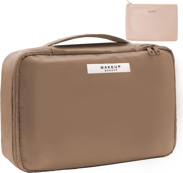 Queboom Travel Makeup Bag, Cosmetic Bag Toiletry Bag for Women and Men (Coffee)