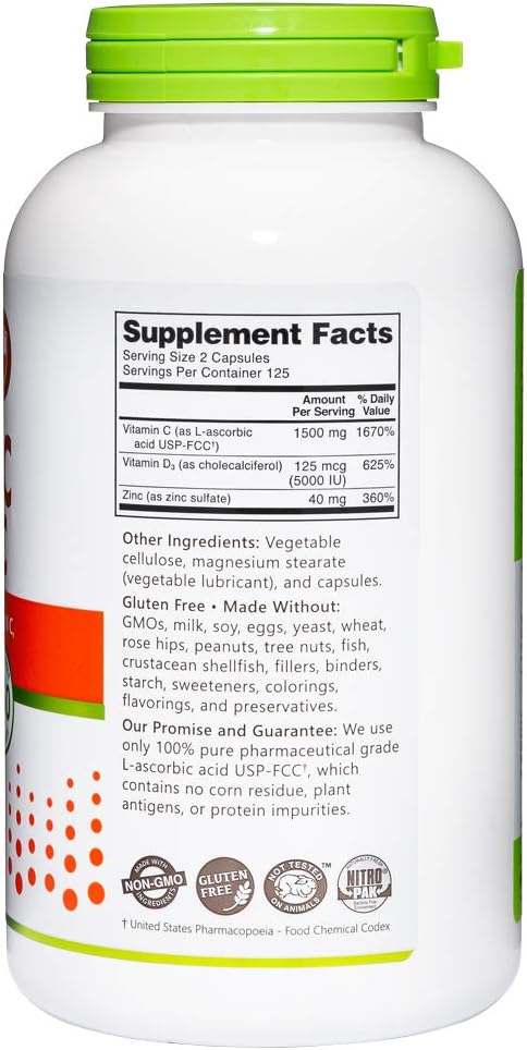 NutriBiotic – Vitamin C + Vitamin D3 & Zinc, 250 Capsules - Comprehensive Immune Support Supplement