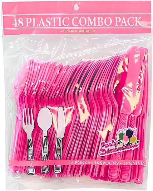 Party Dimensions Plastic Hot Pink | Pack of 48 Cutlery Combo, 48 count by Party Dimensions