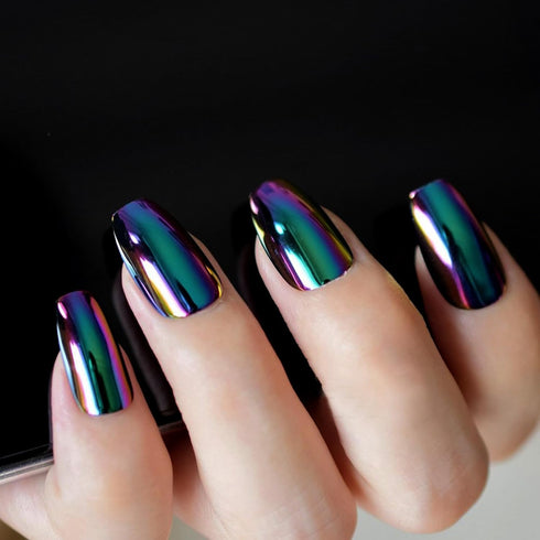 Super Holographic Blue Purple Coffin Nails - Mirror Chrome Square Ladies Fake Nails Quality Tips for Fingers