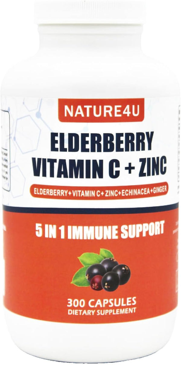 5 in 1 Elderberry Immune Support Supplement - Daily Boosters for Adults, 1000 mg Elderberry, Vitamin C, Zinc,