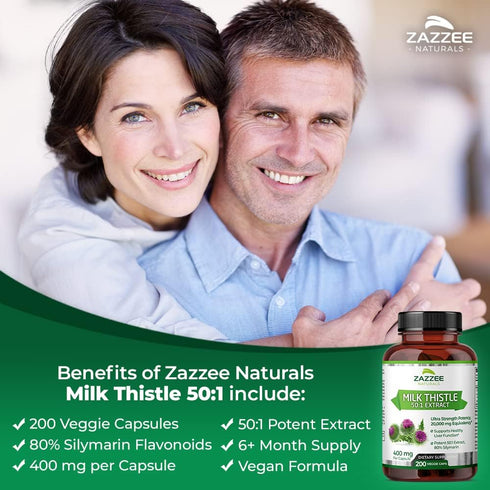 Zazzee Organic Milk Thistle 50:1 Extract, 20,000 mg Strength, 200 Vegan Capsules, 80% Silymarin Flavonoids, Non-GMO