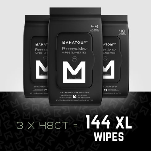 MANATOMY Pack, 3 48ct 144 RefreshMen Hygiene Man Wipes, with Aloe Vera & Chamomile, Extra-Thick & Extra-Large
