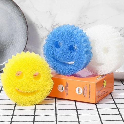Funny Scratch Dish Smiley Sponge , Remove Stain & Odor Honeycomb Sponge,Durable Household Kitchen Cleaning Cotton,Plastic Sponges (4PCS)