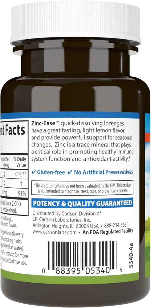 Carlson Zinc-Ease Soothing Lozenge, Immune Support & Optimal Wellness, Antioxidant, Lemon, 42 Lozenges