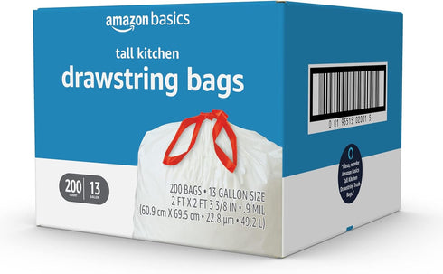 Amazon Basics Tall Kitchen Drawstring Trash Bags (13 Gallon, 200 Count) - Pack of 1, Unscented