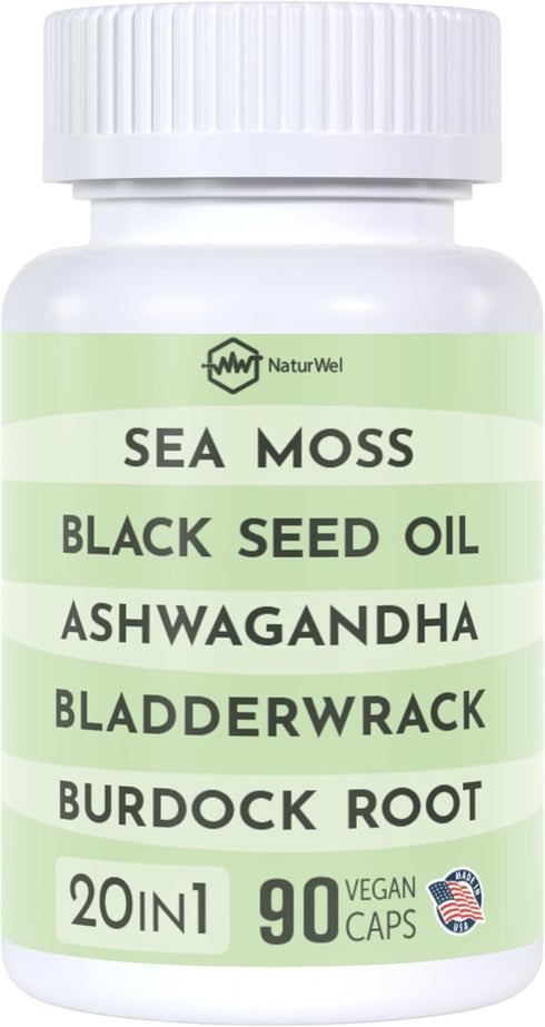 Black Seed Oil 3000mg Sea Moss 3000mg Ashwagandha 1000mg Turmeric 1000mg & Elderberry Manuka (90 Capsules Pack of 1)