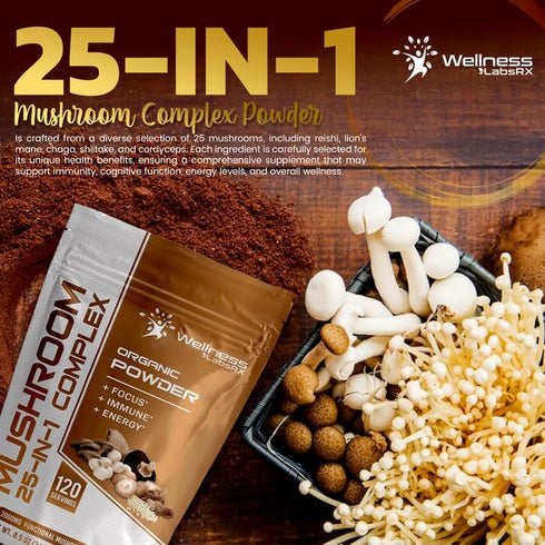 Mushroom Powder, 25 in 1 Mushrooms Lions Mane Powder Organic - 2000mg - 120 Servings, Superfood Mushrooms