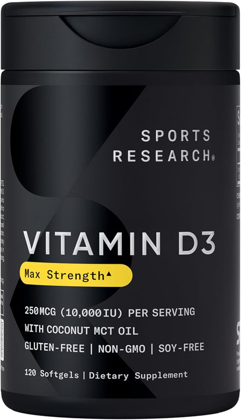 Sports Research 10,000 iu Vitamin D3 Supplement with Organic Coconut Oil - Non-GMO, 250mcg, 120 Mini Softgels