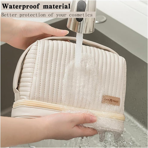 Cute Waterproof Leather Cosmetic Bag Set of 3, Travel Makeup Organizer with Handle & Zipper, Off-white Color