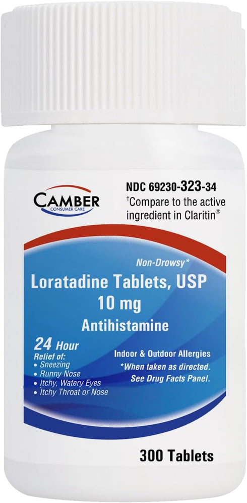 Camber Consumer Care Loratadine 10mg Allergy Pills, Non-Drowsy Antihistamine for 24 Hour Allergy Relief (300 Tablets)