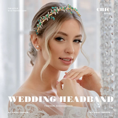 JEAIRTS Green Rhinestone Headband, Gold Leaf Wedding Headpiece, Bridal Crystal Hair Accessories for Women