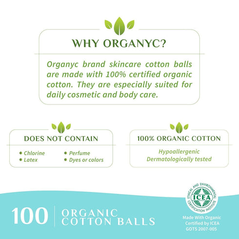 Organyc 100% Organic Cotton Balls, 100 Count for Sensitive Skin