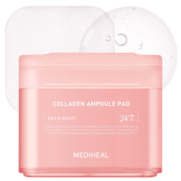 MEDIHEAL Collagen Ampoule Pad, Square Cotton Facial Toner Pads for Skin Firming & Restoring Elasticity, 100 Pads