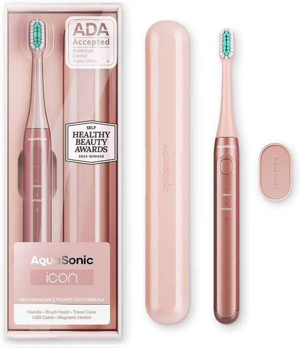 Aquasonic Icon ADA-Accepted Rechargeable Toothbrush, Magnetic Holder & Slim Travel Case, 2 Modes, Gentle