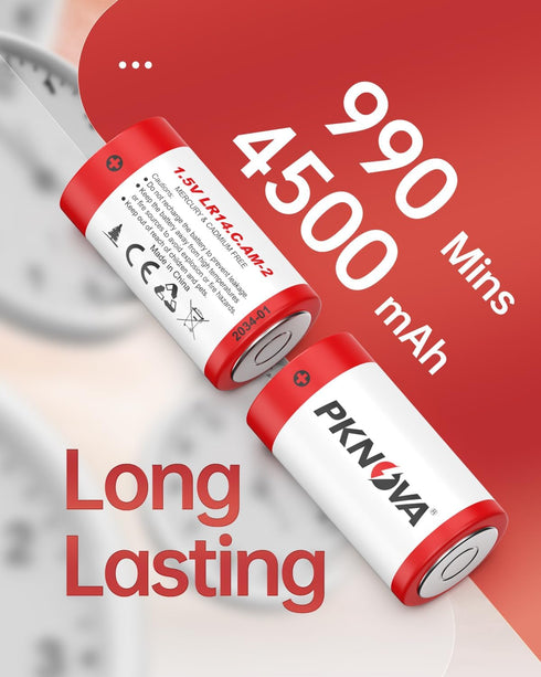 C Batteries 4 Pack, 1.5V LR14 Type C Long-Lasting Alkaline Batteries for Household and Office Devices