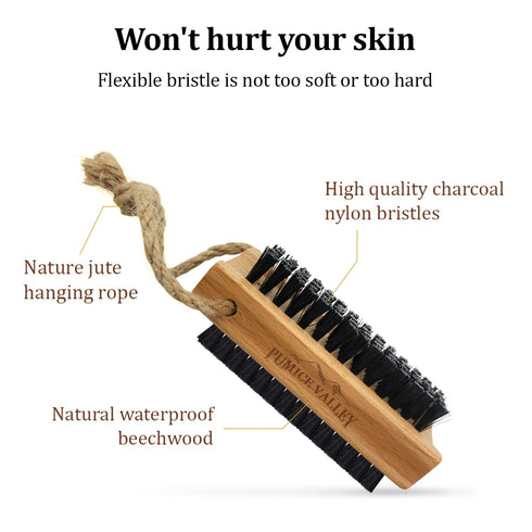Wooden Cleaning Finger Nail Brush with Nylon Charcoal Bristles & Hanging Rope, Double-Sided for Scrubbing Fingernails
