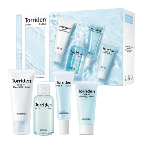 Torriden DIVE-IN Trial Kit - 4 Step Hyaluronic Acid Infused Daily Skincare Regimen with Foam Cleanser, Toner, Serum,