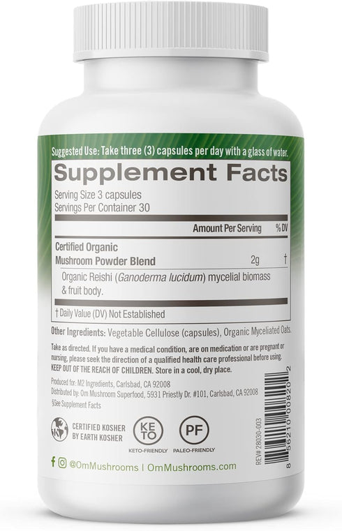 OM MUSHROOM SUPERFOOD Reishi Mushroom Capsules, 90 Count, Organic Adaptogen for Stress Relief and Immune Health