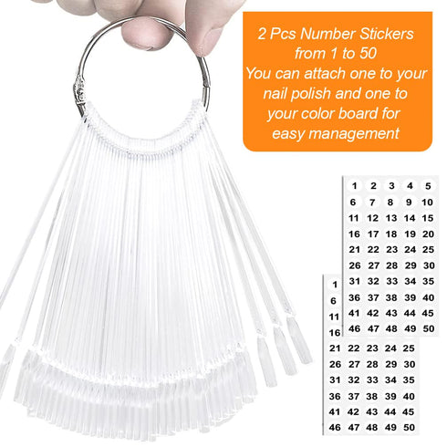 JASSINS 50 Pcs Nail Swatch Sticks with Ring, Numbered Tips for Nail Art Polish Practice