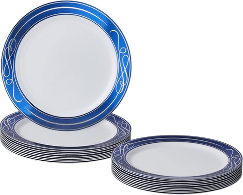 SILVER SPOONS Elegant Disposable Plates - (10 Piece) Heavy Duty Dessert Set 7.5”, Fine Dining Plastic Dishes, Blue