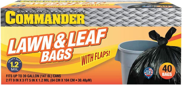 Commander 39 Gallon Black Garbage Bags with Flaps - 1.2 MIL, 33" x 41" - Pack of 40 for Home, Kitchen, Lawn, &