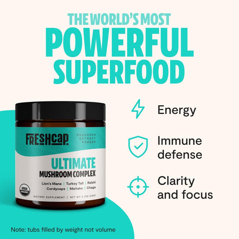 FreshCap Ultimate Mushroom Complex Powder, 60 Servings for Immunity, Energy, Memory & Focus - Ayurveda Supplements