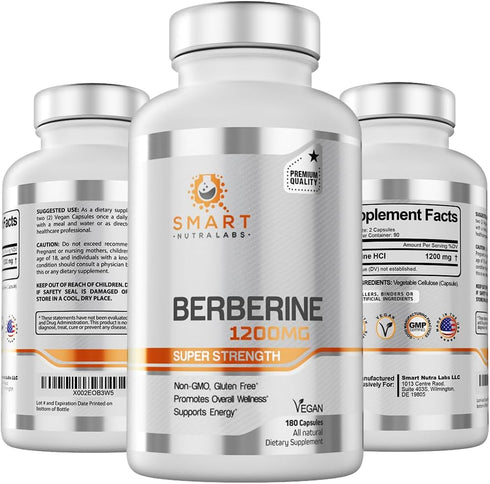 Smart Nutra Labs Premium Berberine HCL - 1200mg, 180 Vegan Capsules - 100% Pure Non-GMO, Gluten Free Supplement