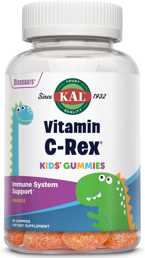 KAL Vitamin C-Rex Kids’ Gummies, Vitamin C Gummies for Kids, Healthy Immune, Bone, Muscle & Skin Support Vitamin C Gummy, Vegan, Gluten Free, 60 Day Money Back Guarantee, 30 Servings, 60 Gummies