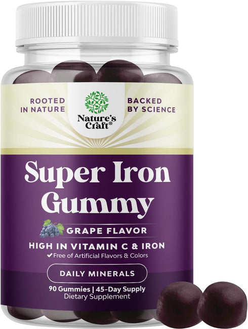 Extra Strength Iron Gummies - 45mg per Serving Chewable Iron Supplement with Vitamin C, Vegan