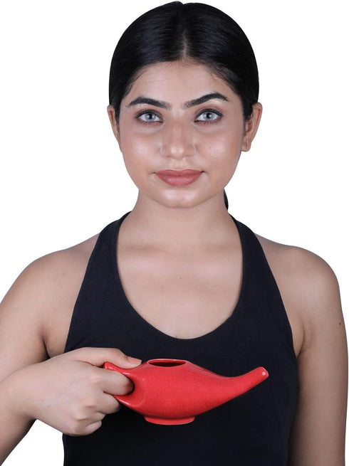 HealthGoodsIn Premium Handcrafted Ceramic Neti Pot - Nasal Cleansing, Dishwasher Safe with 2 Silicone Nozzle Tip
