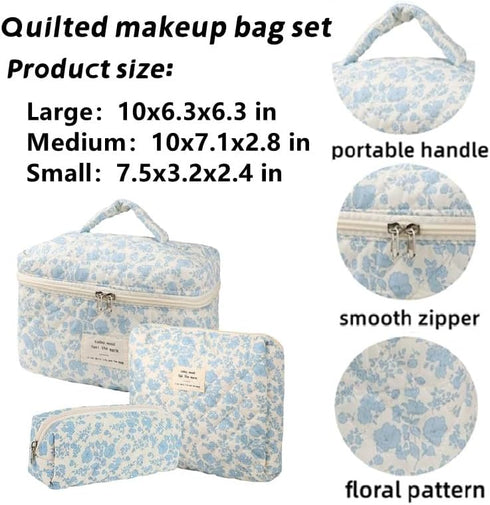 3 Pcs Cotton Quilted Makeup Bag Set, Floral Makeup Bag, Cute Travel Cosmetic Organizer for Women Girls