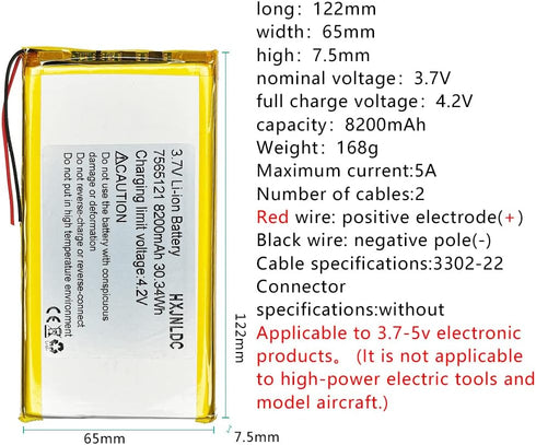 HXJNLDC 3.7V 8200mah 7565121 3.7-5V 2-Wire DC Rechargeable Lithium Polymer Replacement Battery for DIY Electronic