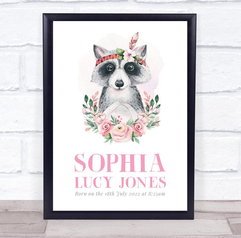 The Card Zoo New Baby Birth Details New-Born Nursery Christening Raccoon Keepsake Gift Print