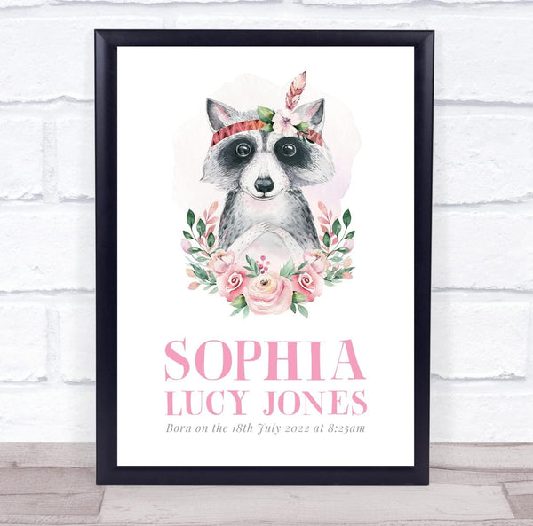 The Card Zoo New Baby Birth Details New-Born Nursery Christening Raccoon Keepsake Gift Print