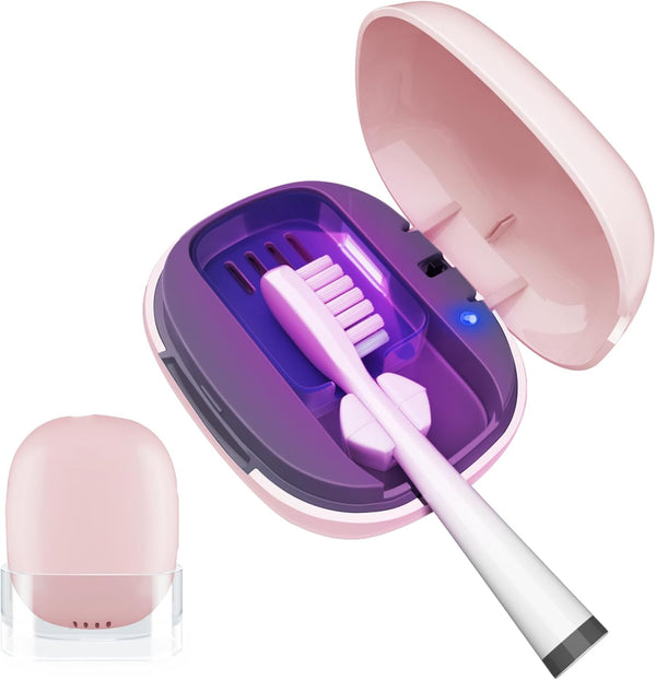 Toothbrush Covers Case with UV Light Sanitizer and Holder, Rechargeable Portable Toothbrush Cleaner Case (Pink)