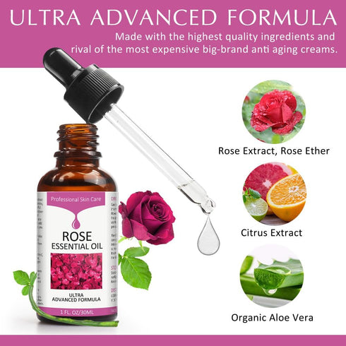 Rose Essential Oil, Face Moisturizer Oil for Women, Skin Care, 1 FL.OZ (30ml)