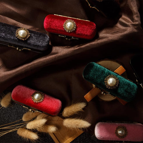 Lipstick Case Holder, Fashion Cosmetic Travel Cases, Retro Velvet Lipstick Box with Mirror, Green