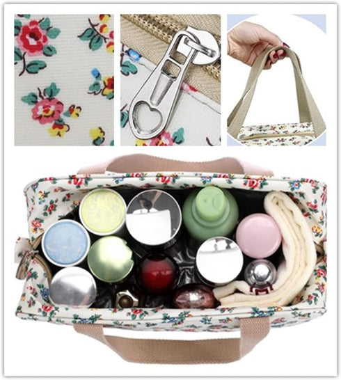 Large Makeup Bag, Toiletry Bag for Women, Cosmetic and Brush Bags for Traveling (Little Flower Beige)